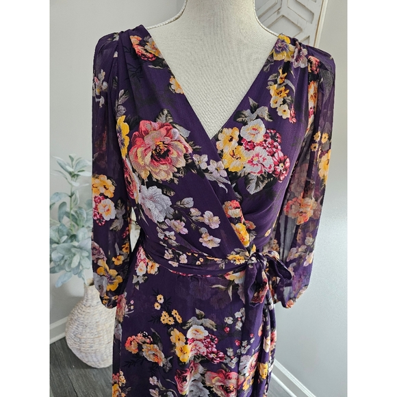 DKNY Purple Floral Print Chiffon Faux Wrap Puff Sleeve Midi Dress Size 10 - Picture 3 of 9
